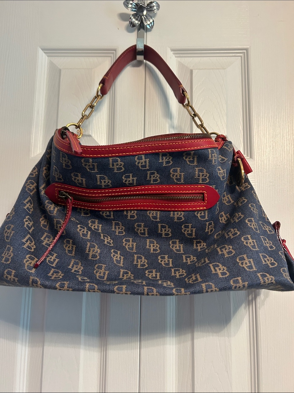Designer-Inspired Blue Monogram Hobo Bag with Red Trim